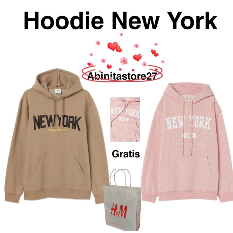 Hoodie H&M New York bordil/print new york pink brown yunisex full tag wash hnm free paperback