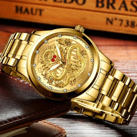 Jam Tangan Pria / Cowok / Laki Laki FNGEEN Motif Naga Mewah Elegant / Jam Tangan Naga Emas Pria Anti