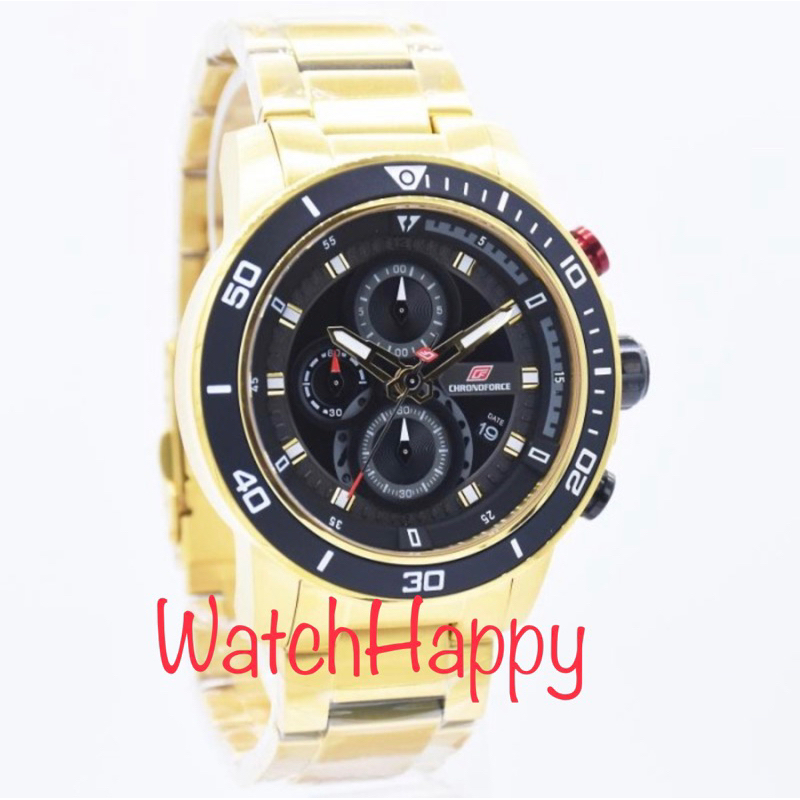WatchHappy Chronoforce 5331 5331G Men Black Dial Chrono Stainless Steel Gold Tone Sport 100%Original