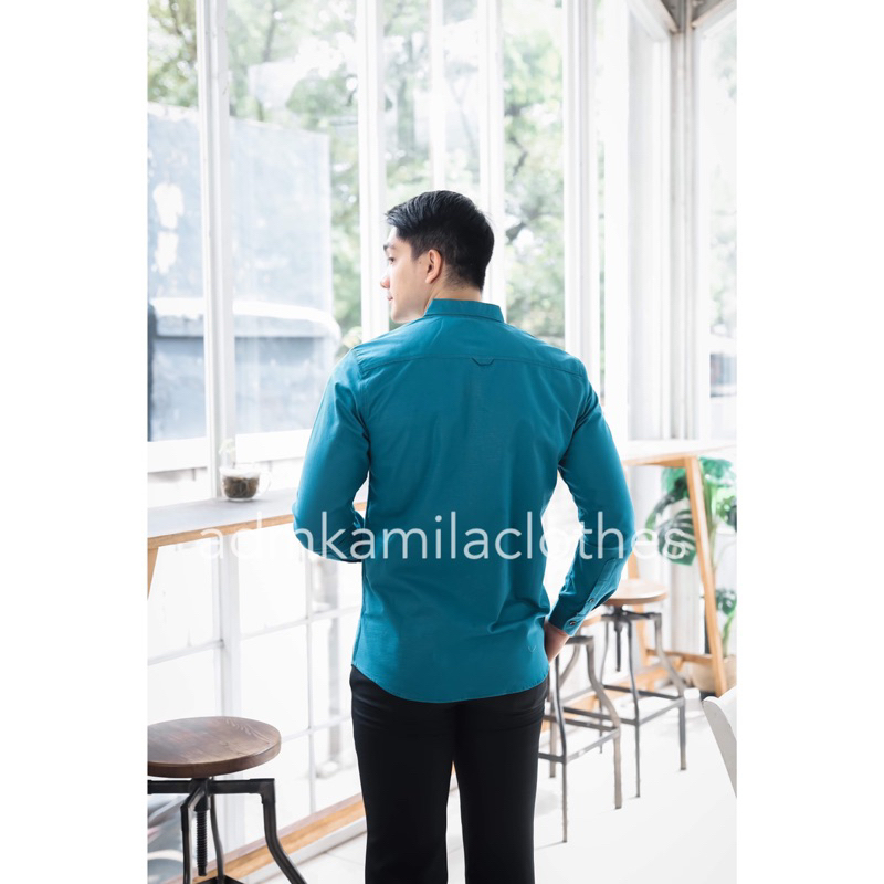 Kemeja pria cowok polos slimfit kasual basic HeM lengan panjang biru hijau tosca