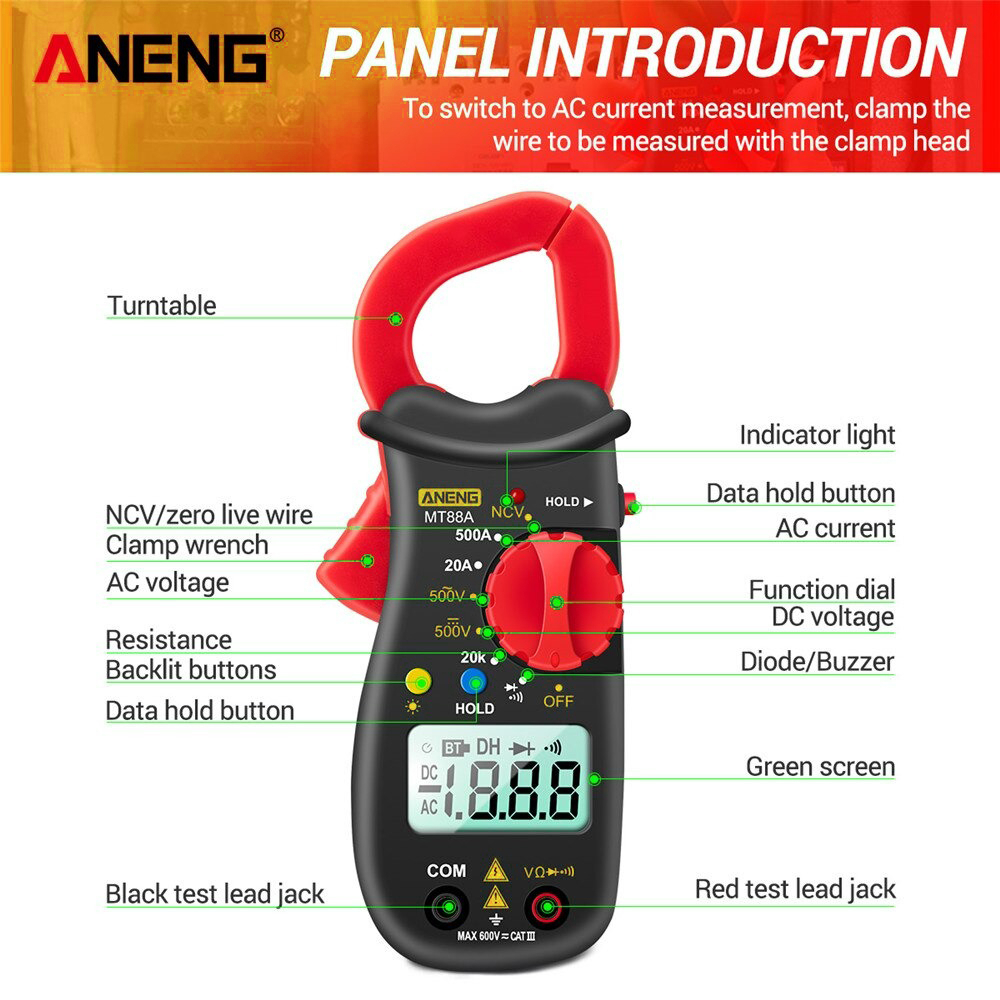 ANENG Digital Multimeter Voltage Tester Clamp - MT88A - Red