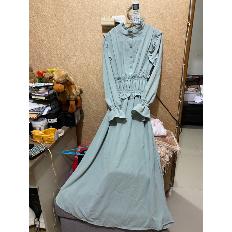 Preloved Biru Tosca Kerut Rampel Layer Tingkat Polos Baju Dress Muslim Casual Midi Gamis COD Dingin