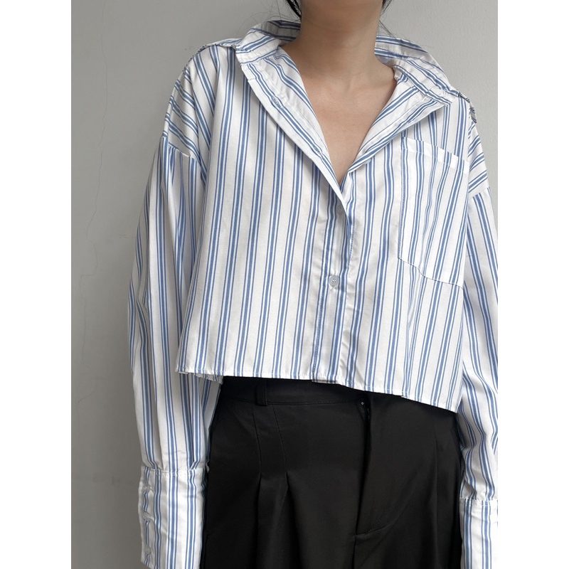 SIVALI Jazzie Top || Stripe Shirt - Kemeja Salur Garis Oversized Crop Shirt Atasan Wanita Lengan Panjang