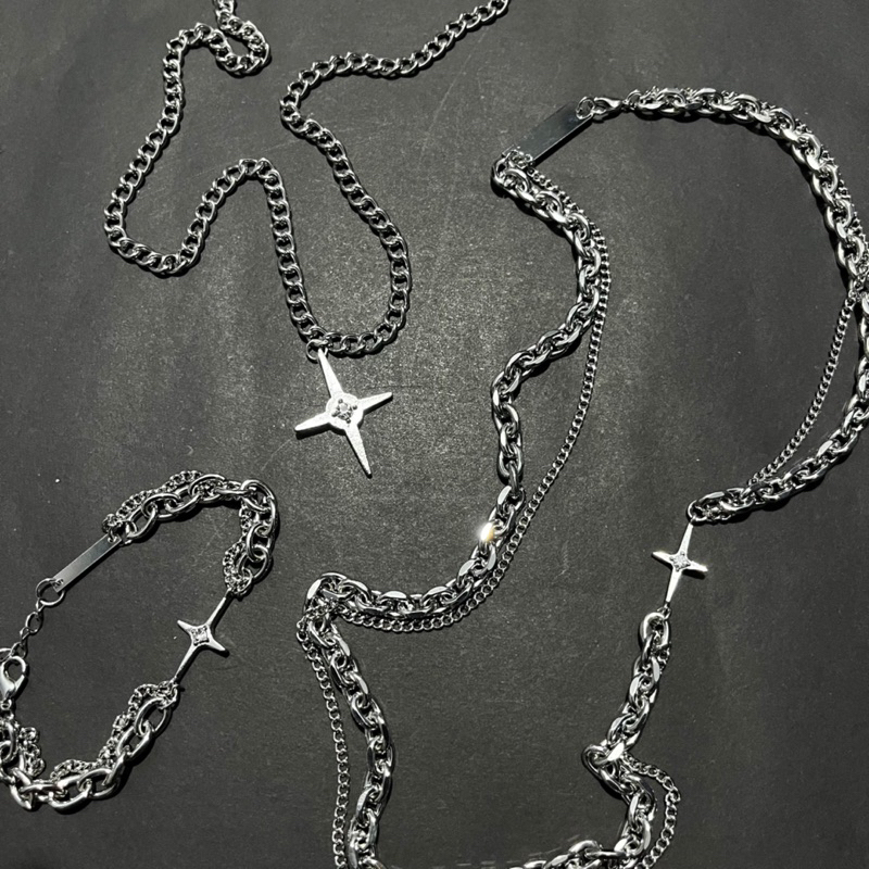 KALUNG STAR CROSS DOUBLE LAYER CHAIN NECKLACE BRACELET / GELANG RANTAI BINTANG SALIB / STAR LIGHT CLAVICLE CHAIN / KALUNG RANTAI RETRO HIP HOP PUNK CHOKER KALUNG LIONTIN STYLE KOREA CHAIN NECKLACE KALUNG SILVER TITANIUM AESTHETIC KALUNG PRIA WANITA