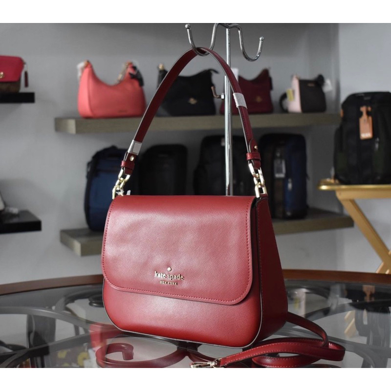 KS STACI SAFFIANO LEATHER FLAP SHOULDER BAG RED CURRON