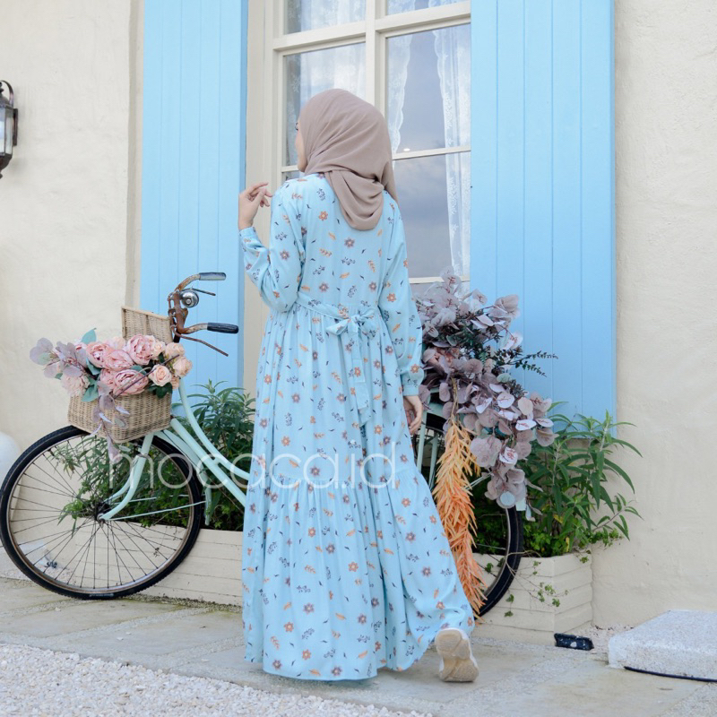 Gamis rumahan renda depan busui rayon premium - motif baby blue gardenia