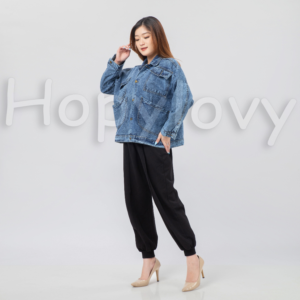 Jaket Jeans Wanita Kekinian 4 Kantong Depan Oversize Jaket Jeans Barsha HOPYLOVY