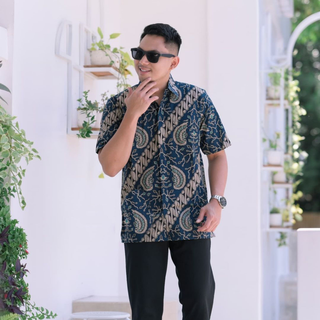 Baju batik anak laki laki lengan pendek premium katun biru dongker