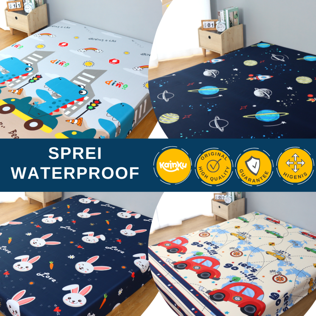 SPREI WATERPROOF IMPORT ANTI OMPOL MOTIF ANAK DINO ROKET KUCING BINTANG POLOS UKIR 180x200 160x200