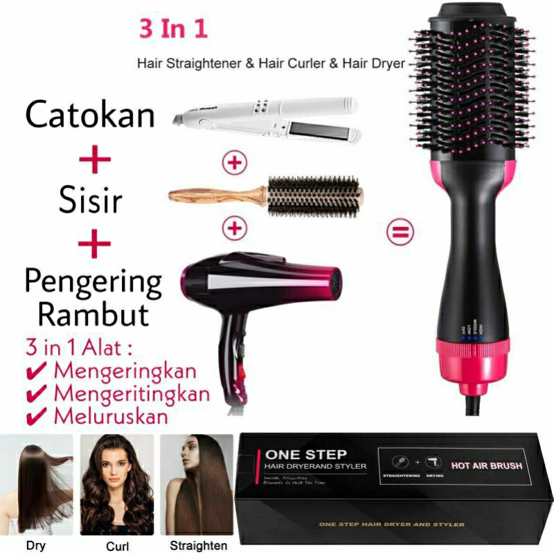 KD 1 One Step Hairdryer And Style Hot Air Brush / Catokan Blow Pengering Rambut / Sisir Catok Dan Hairdryer 3in1 / Hot Air Brush 3in1 Alat pengering, Pelurus, dan Pengeriting Rambut