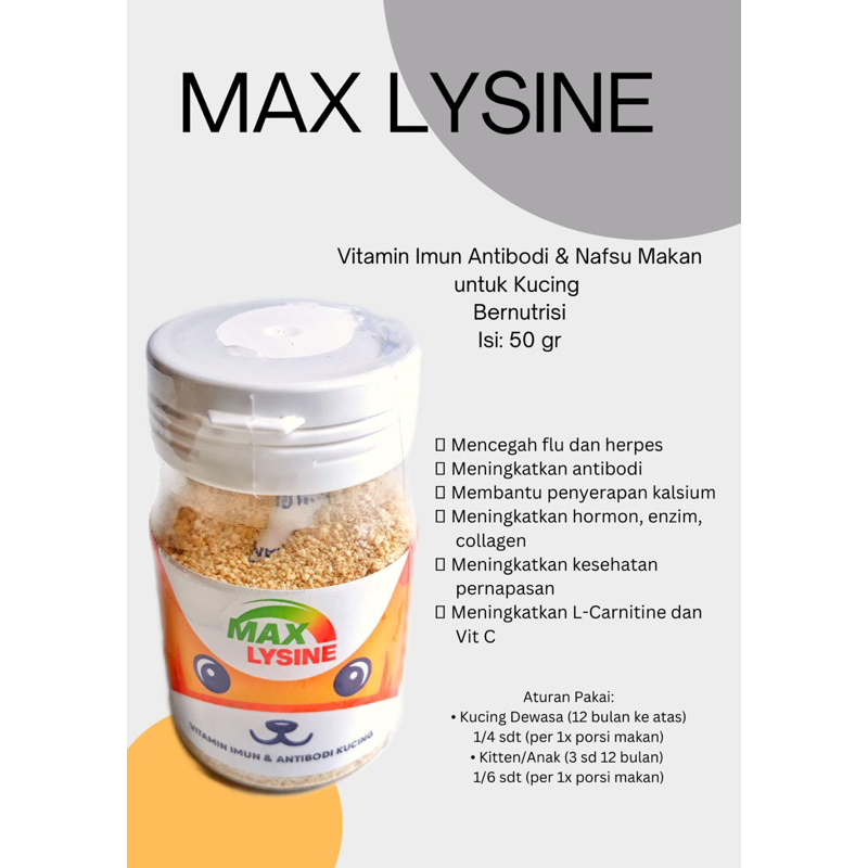 Vitamin Kucing penambah Nafsu Makan MAX LYSINE bagus untuk Imun dan AntiBodi