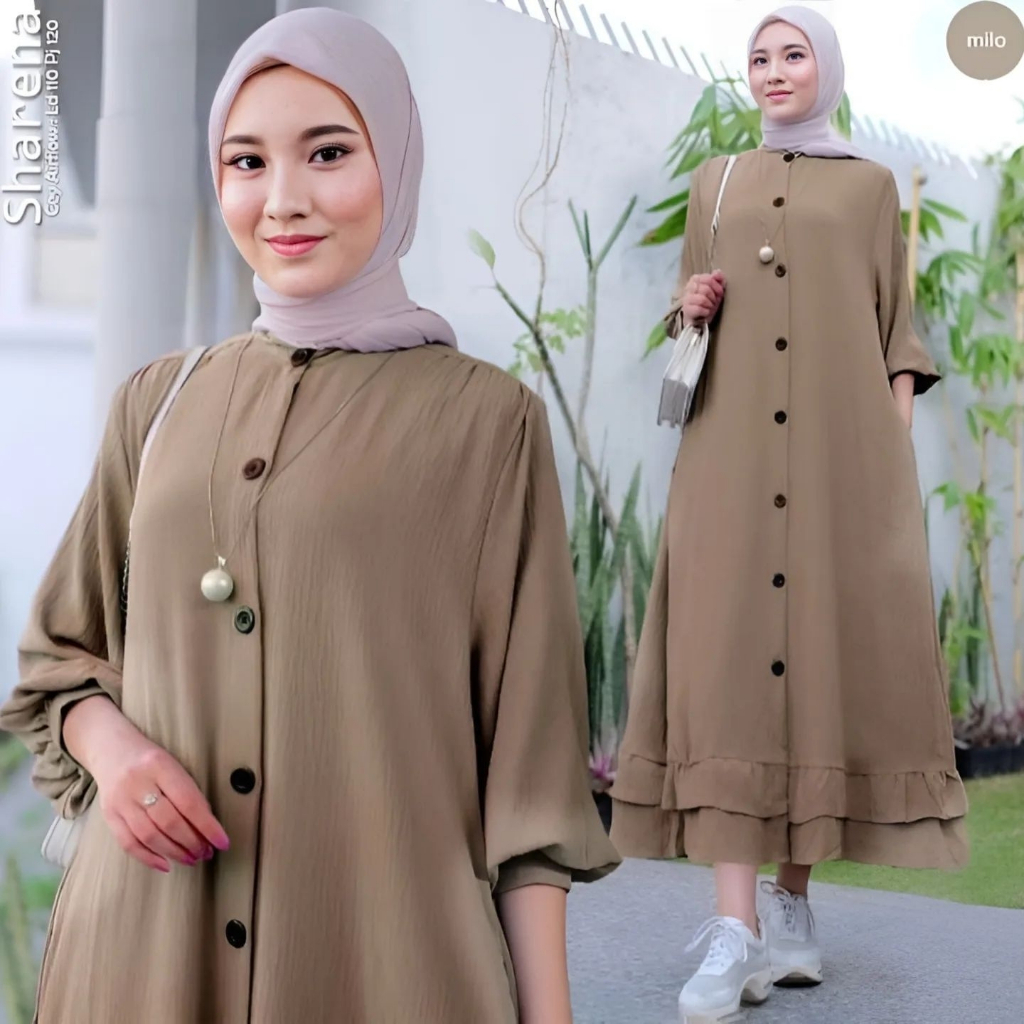 Shareena Midi Dress Wanita Crinke Airflow Gamis Terbaru Full Kancing Busui Friendly