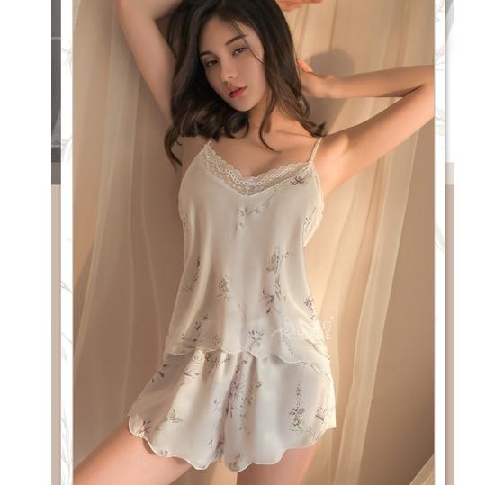 Ɛѵe Pakaian Tidur Wanita Tali Spaghetti Satin Silk Seksi Set Piyama Sleepwear Model Bunga 1306