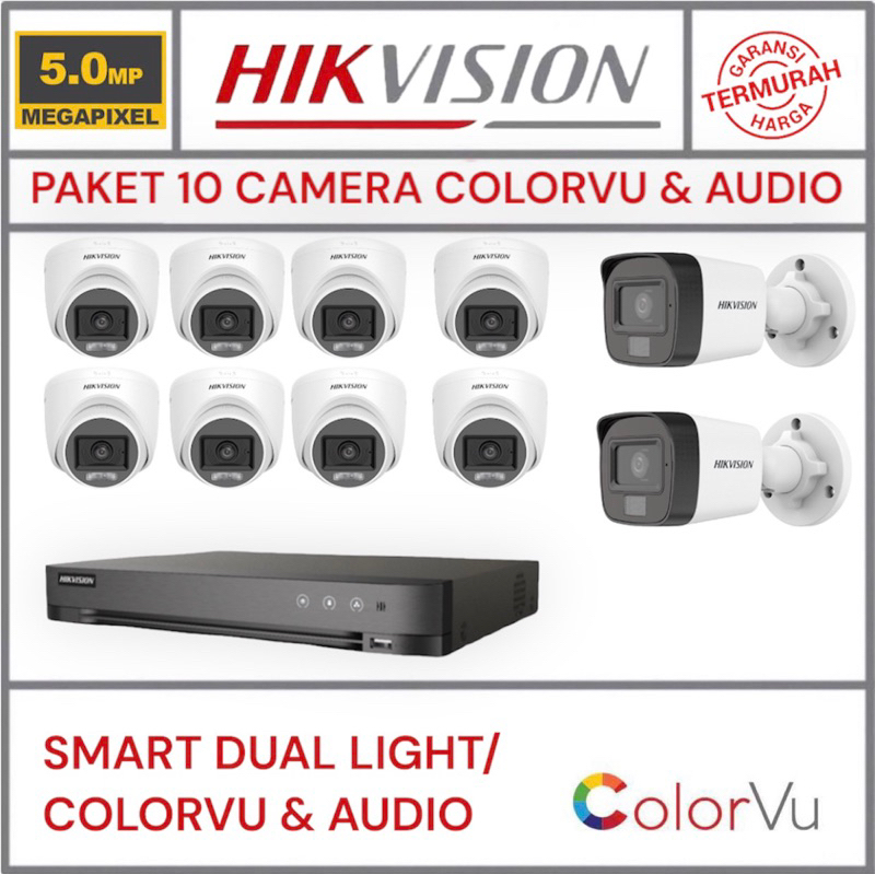 paket camera cctv 10 kamera hikvision 5mp dual light colorvu + audio 16 channel ch malam tetap berwarna colour 16ch