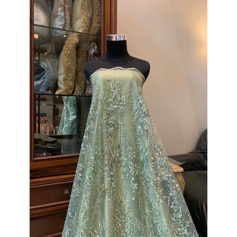 Kain Bahan Kebaya Brukat Tile Tulle Bordir Gracia Mewah Warna Sage Green Hijau