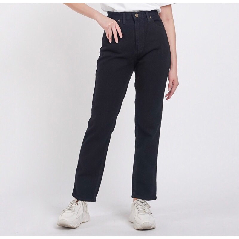 Celana panjang wanita jeans putih hitam HW Boyfriend Jeans import Polos