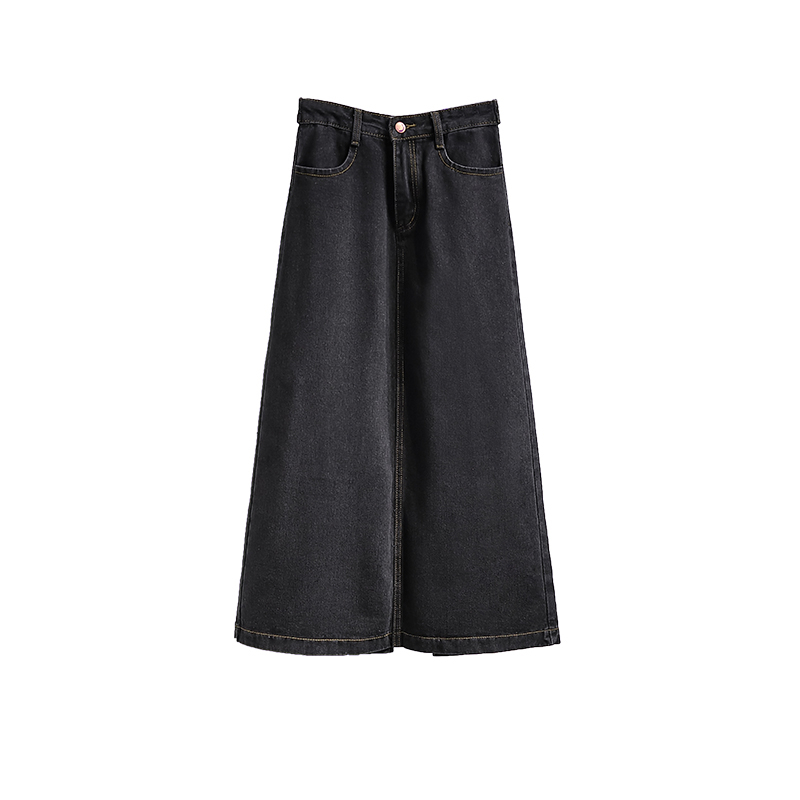 Kelabu hitam A-Line Rok Jeans Wanita Highwaist Rok Jeans Wanita Kembali Split