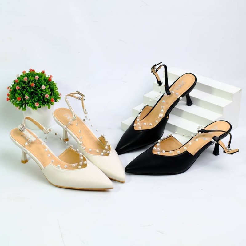 Sepatu Kulit Hak Tinggi Wanita ZR Leather Pearl Vynil Singback High Heels 5cm Premium Import, Hitam 