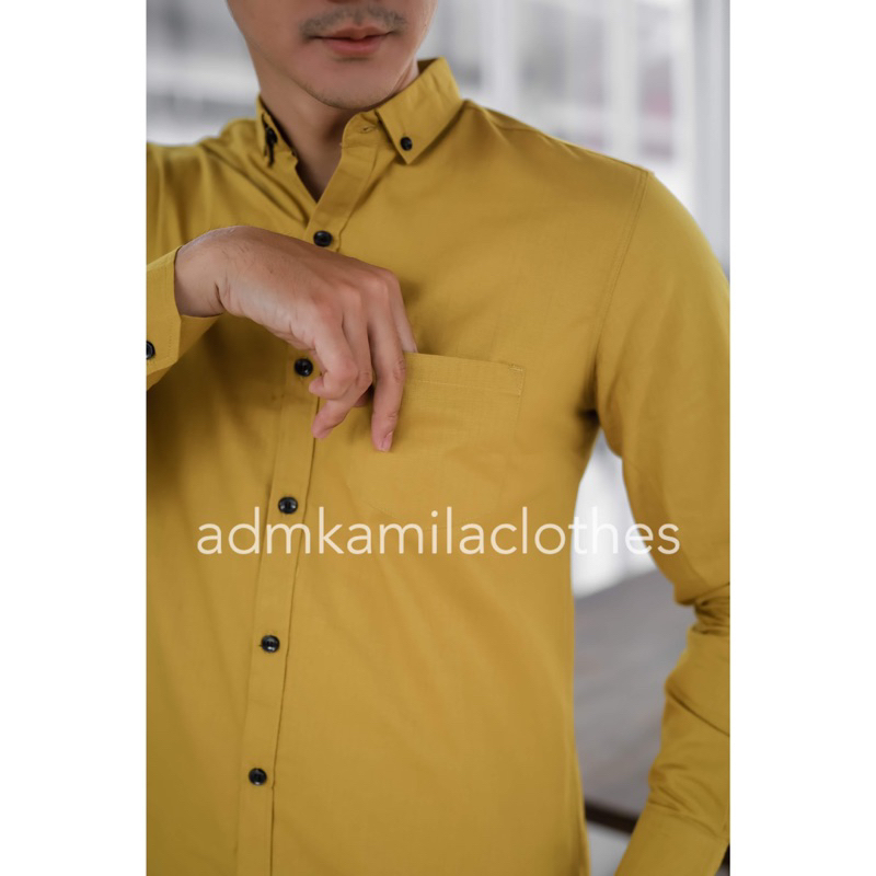 Kemeja pria cowok polos slimfit kasual basic HeM lengan panjang lemon lime