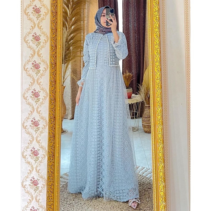 Gamis Ozias Aurel motif bunga Busui Dress maxi brokat import premium Dress Bridesmaid mewah Lebaran