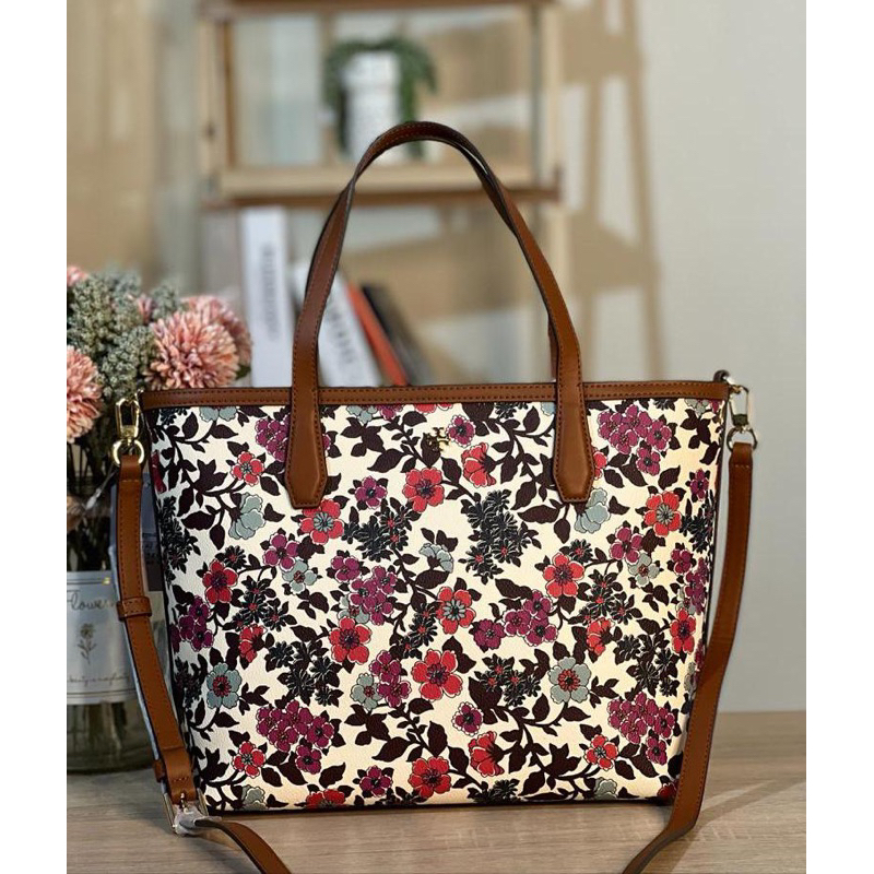 TB kerrington small tote cream red blue wallpaper floral