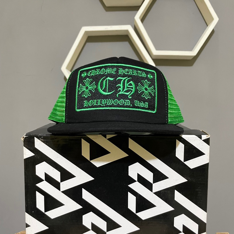 TOPI CHROME HEARTS TOPI HIJAU HITAM TRUCKER JARING (TAG ORI) RARE