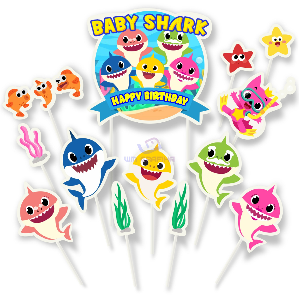 Jual Topper Cake 1 Set Karakter Baby Shark Happy Birthday Hiasan Kue