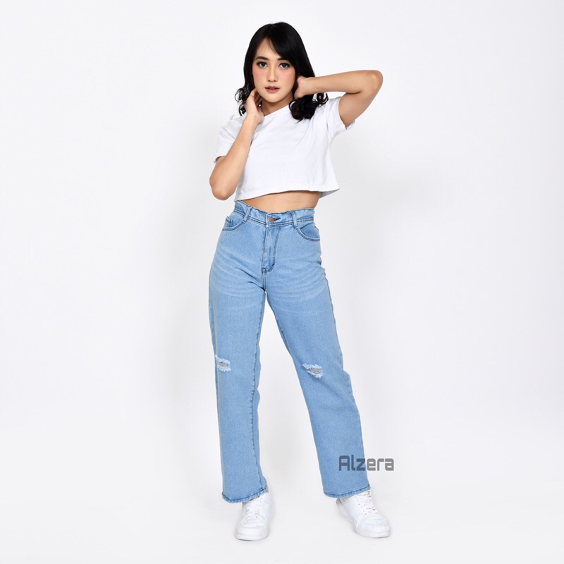 Alzera•Highwaist Kulot Ripped Jeans Model Loose ( Jenjang ) Kulot Sobek Wisker