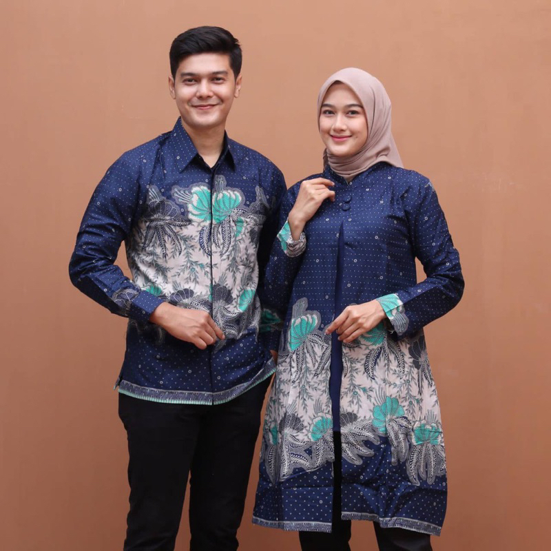 Atasan Couple Tunik Batik Bahan Kain Katun - Motif Teana Navy