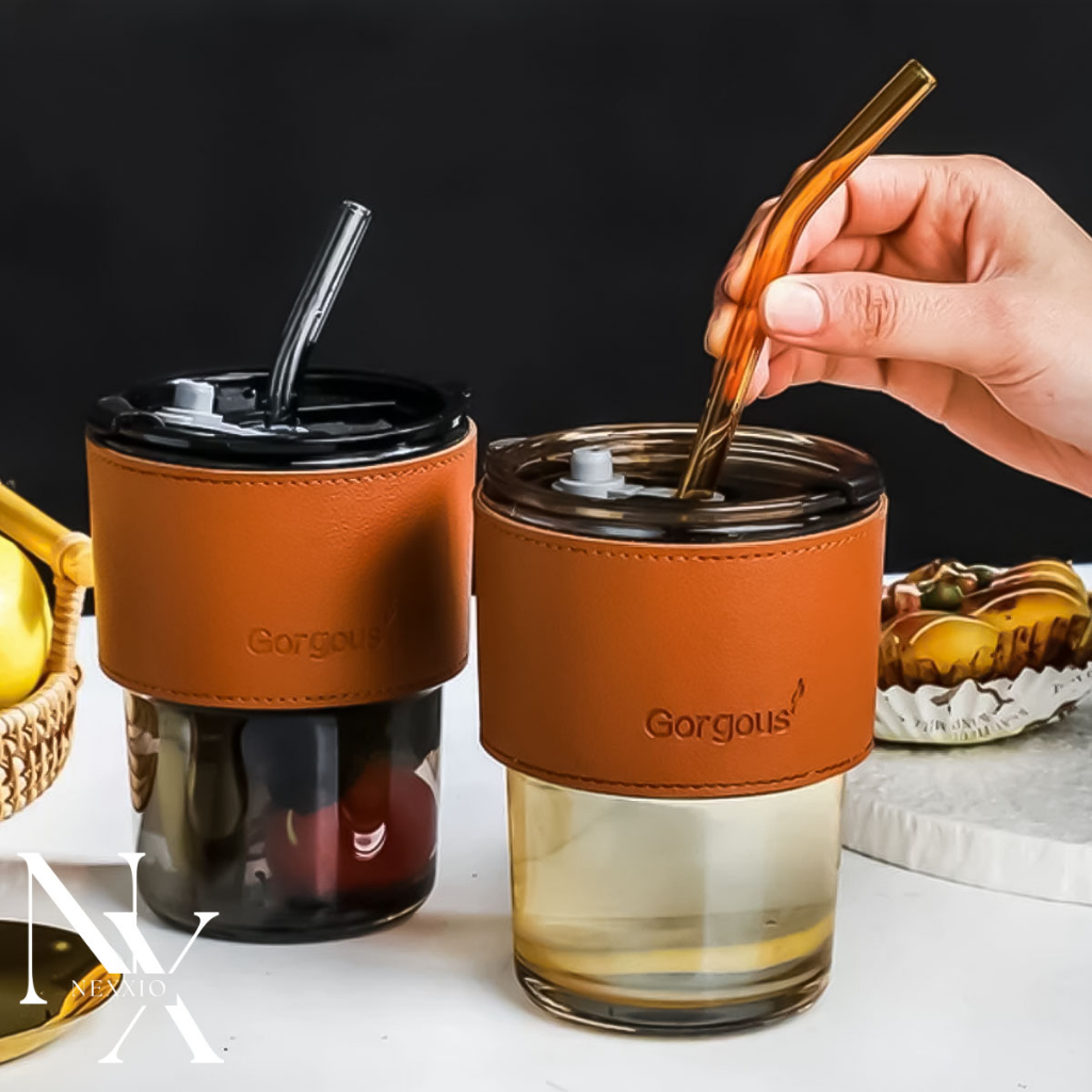 NEXXIO GELAS TUMBLER AESTHETIC / GELAS KACA VIRAL / Tumbler Gelas Kaca 2in1 / Water Bottle Cup of Coffee / Gelas Minuman Kaca Simple Elegant water botol / gelas tumbler kaca viral.