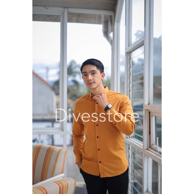 Kemeja pria cowok polos slimfit kasual basic HeM lengan panjang mustard