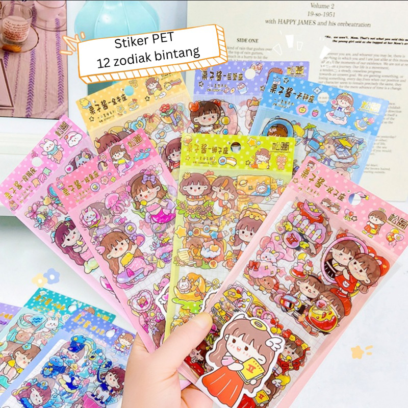 

stiker horoscope kawaii stikers zodiak/stiker transparan PET 12 zodiak bintang 5 lembar stiker aesthetic journal/phone/DIY planner dekorasi korea lucu cute