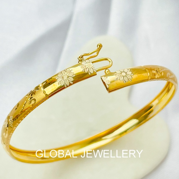 GELANG BANGKOK BAGEL DEWASA UKIR BUNGA LASER GOLD PERAK ASLI S925 DIAMETER 6 CM GLOBAL JEWELLERY CN064