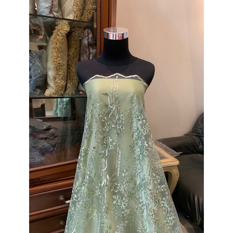 Kain Bahan Kebaya Brukat Tile Tulle Bordir Gracia Mewah Warna Sage Green Hijau