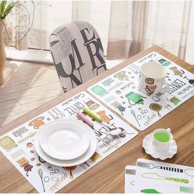 (SerbaSerbi)Alas Piring Gelas Meja Makan Pvc Anti Panas Placemats /Tatakan Piring Gelas Anti Air Motif Kopi Sendok Garpu -Terlaris