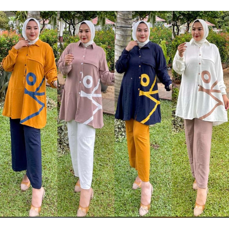 SETCEL TUNIK CRINKLE PRINT JUMBO MURAH GAMBAR VIRAL SET XO