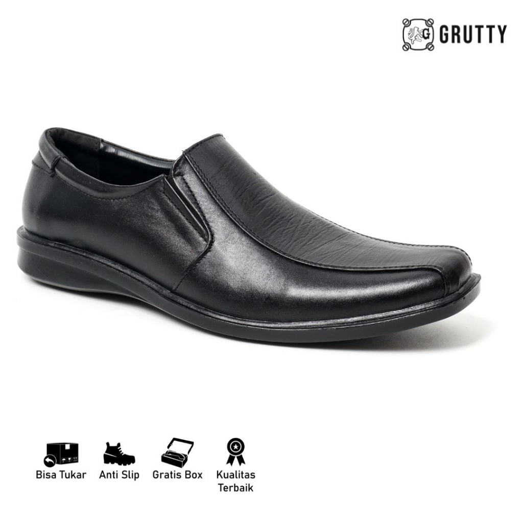 Sepatu Pantofel Pria Slip On Kulit Asli Formal Terbaru GRUTTY DC007 Hitam