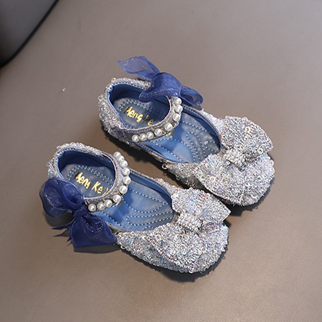 SH11-Sepatu Pesta Anak Perempuan Flat Import Mutiara Blink Aksen Ikat Pita