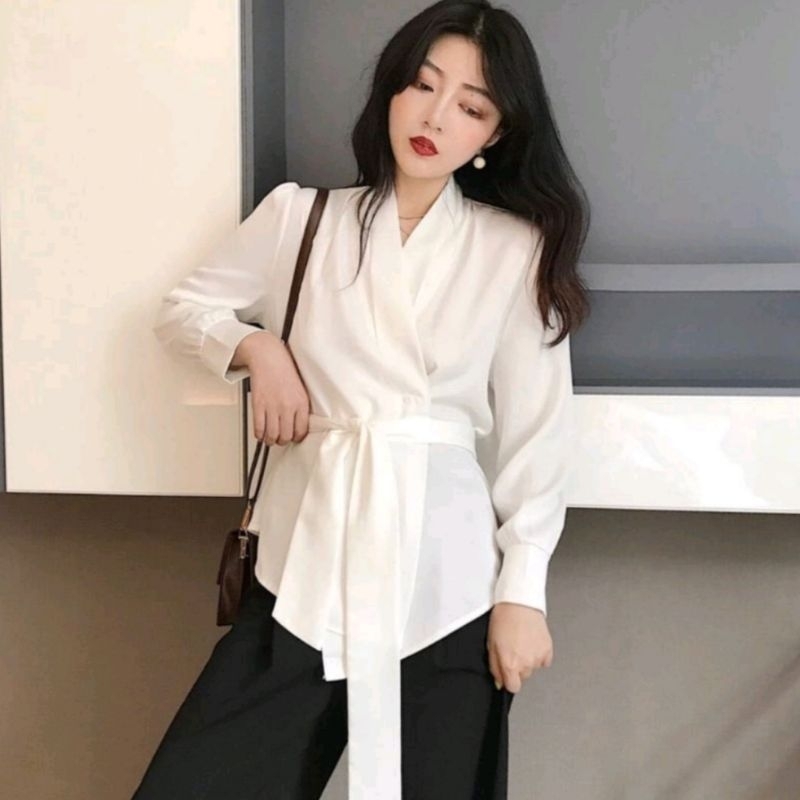 Baru Murah FERRATINA Robe Top Blus Lengan Panjang - Baju Atasan Bahan Silk Satin Import Polos Kualit