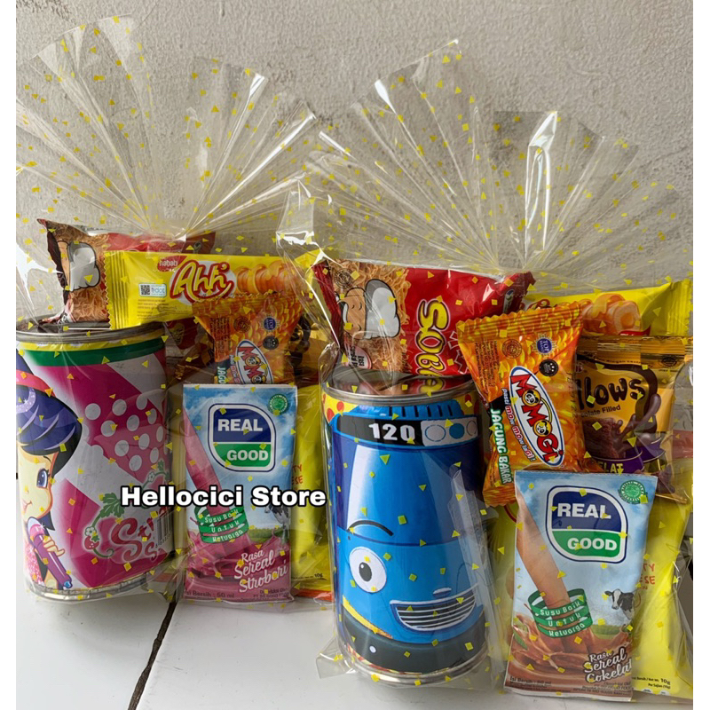 

PARCEL KEMASAN BINGKISAN SNACK + CELENGAN KALENG ULANG TAHUN ANAK