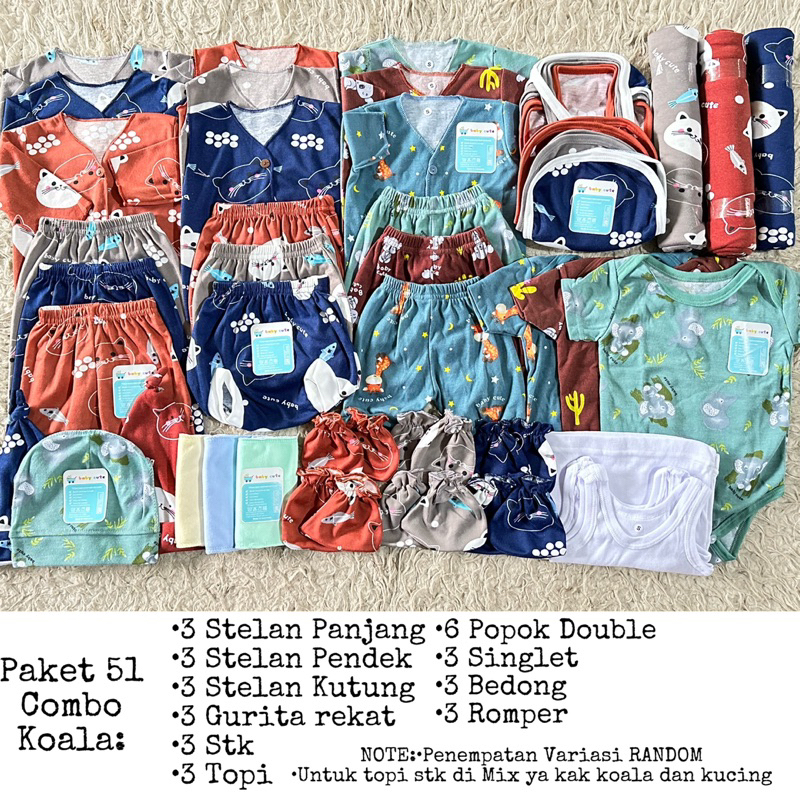 51pcs Paket Perlengkapan Baju dan celana Bayi bedong popok romper topi singlet sarung tangan  Combo Mix Koala kucing baru lahir, 3-6 dan 6-12 bulan SNI Promo 8.8