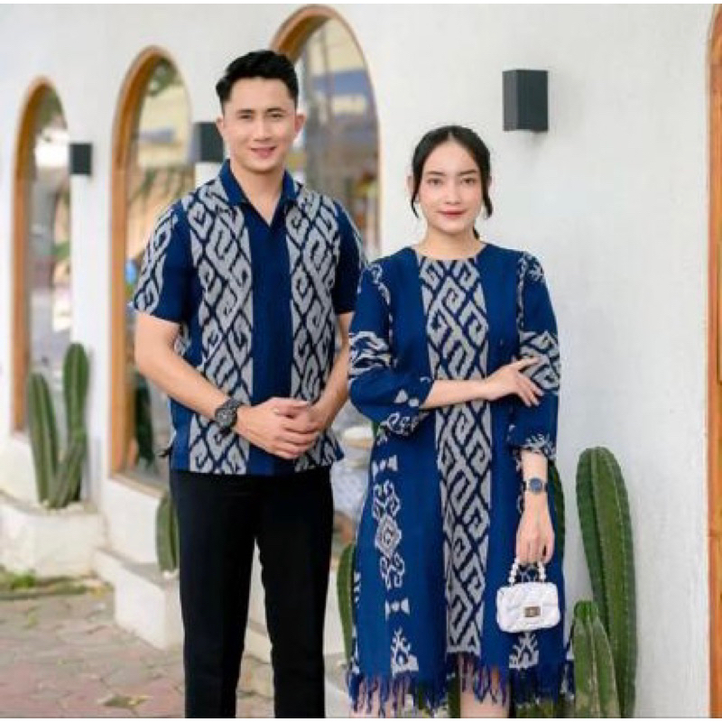 cople baju tenun motif Toraja navy + free masker