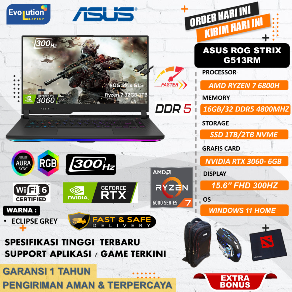 Laptop Gaming Terbaru ASUS ROG G15 G513RM AMD RYZEN 7 6800H Ram 32GB DDR5 SSD 2TB RTX3060 6GB 300HZ WIN11HOME