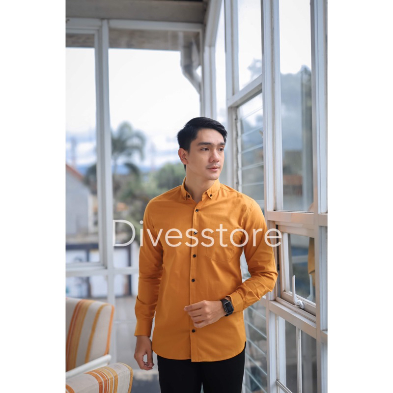 Kemeja pria cowok polos slimfit kasual basic HeM lengan panjang mustard