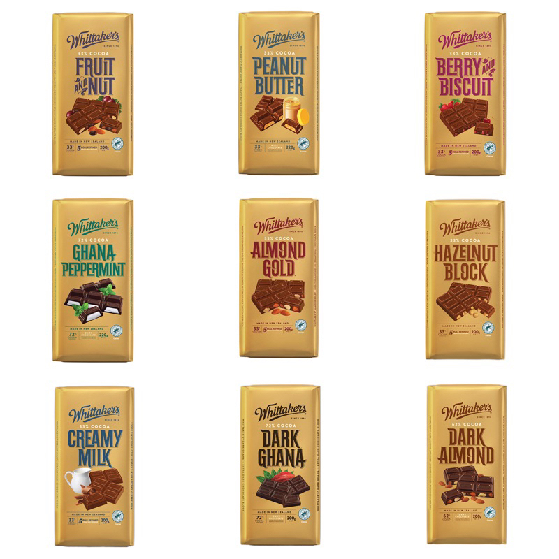 

Cokelat / Whittaker's / Whittakers / Chocolate / Coklat / Creamy / Milk / Cocoa / Almond / Gold / Hazelnut / Block / Fruit / and / & / Nut / Peanut / Butter / Berry / Biscuit / Dark / Ghana / Peppermint