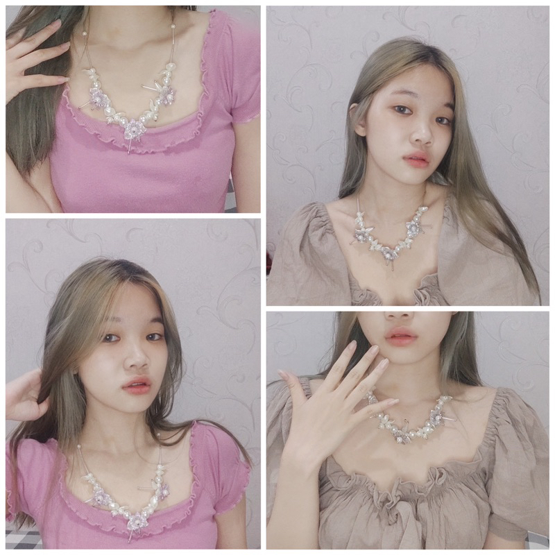 Floretta Flowery Pearl Necklace Kalung Panjang Bunga Mutiara Kalung Hijab Pesta Flower Crystal