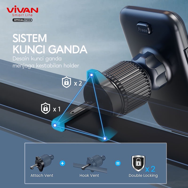 (VIVAN HS-14) Phone Car Holder Hook Clip Air Vent Suction Double Locking Car Mount Mobile Phone Holder Mobil