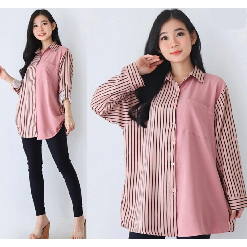 Kemeja Wanita LD 120 cm / Kemeja Jumbo two tone garis garis