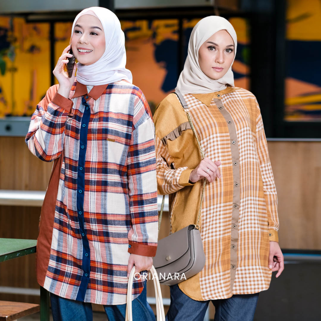 Orianara - Lodi Tunik Kemeja Flanel Wanita Kotak-kotak Oversize Muslim