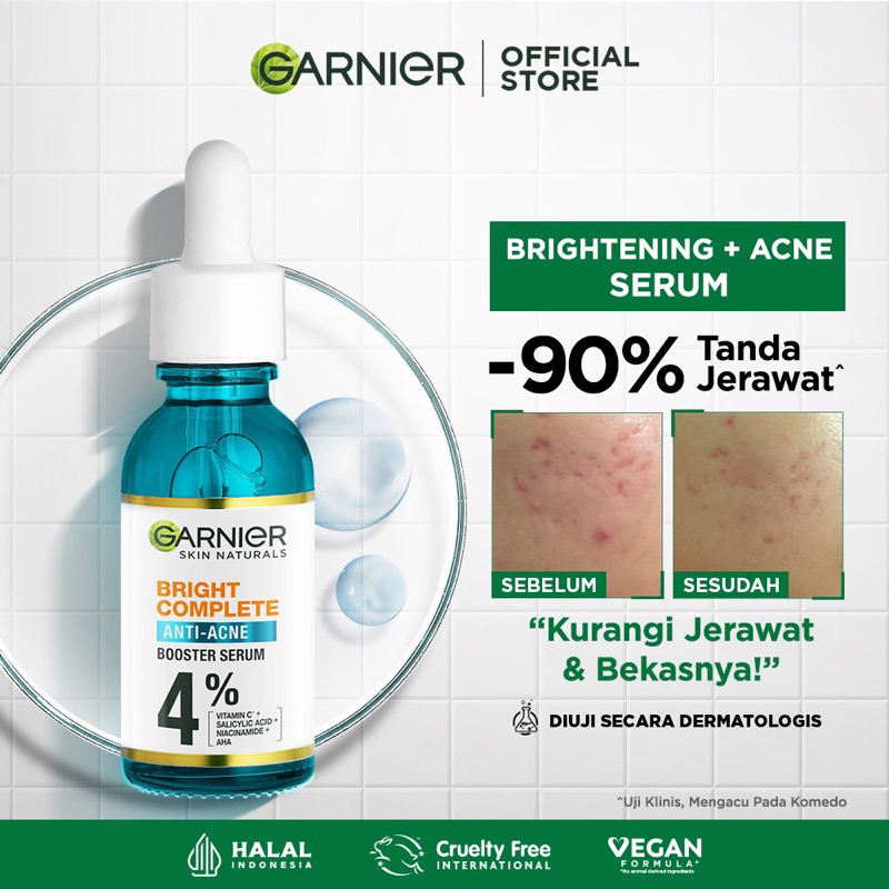 Garnier Bright Complete Anti Acne Serum 15/30ml- Skincare Wajah Jerawat Treatment Flek Hitam Semua B